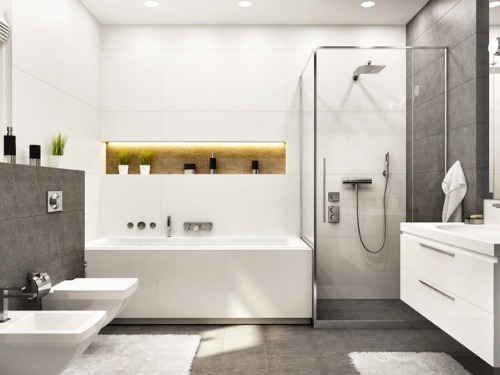 Dieses Badezimmer ist dem Trend zum strahlenden Weiß erlegen, mit grauen Böden und grauer Dusche.